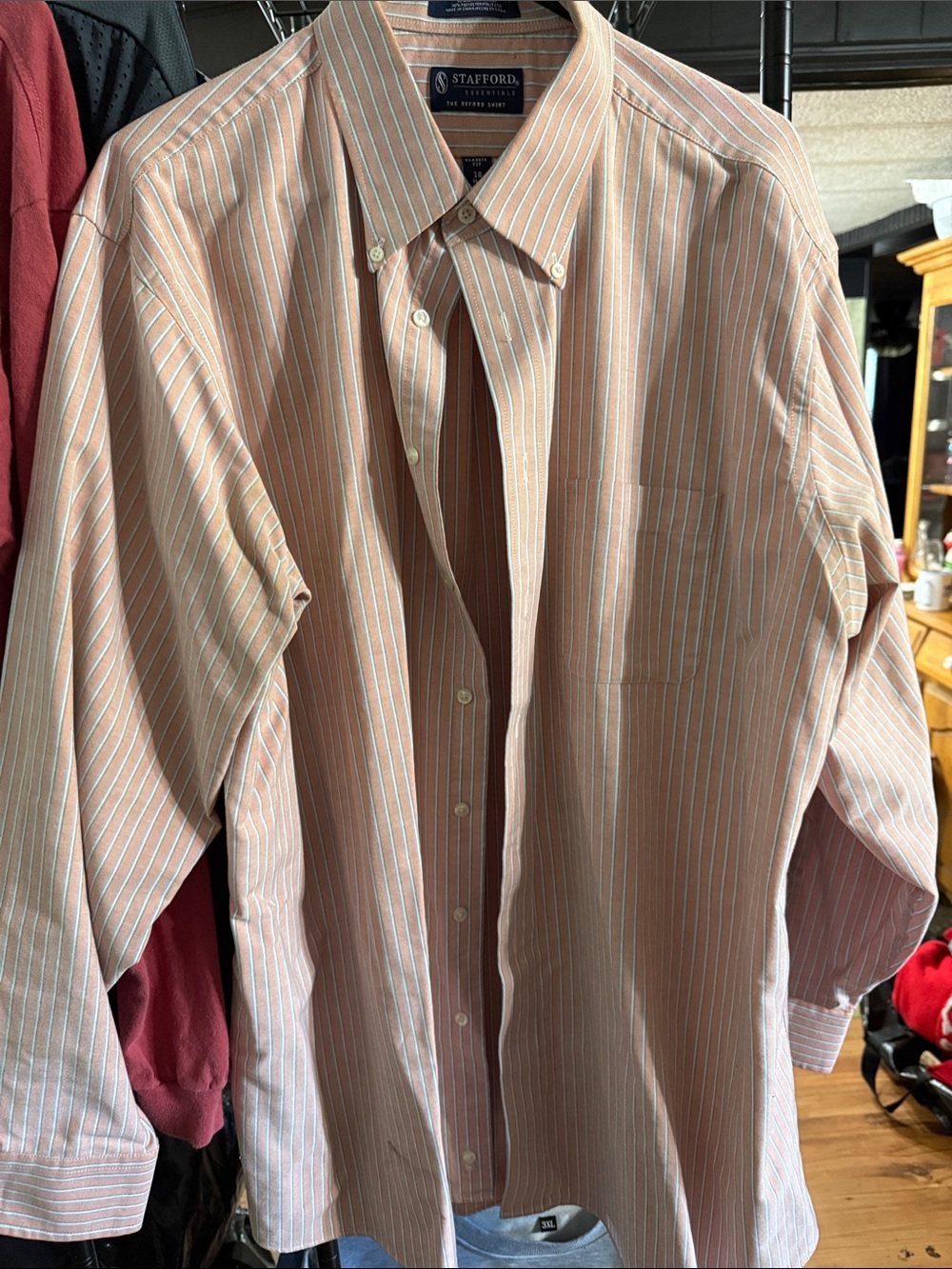 Stafford Men's Peach and White Striped Button-Down Dress Shirt